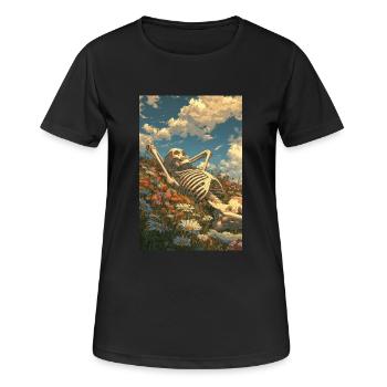 Entspannendes Skelett im Blumenfeld - Frauen T-Shirt atmungsaktiv - Schwarz - Vorne - AI Model Female 172 light (172cm)