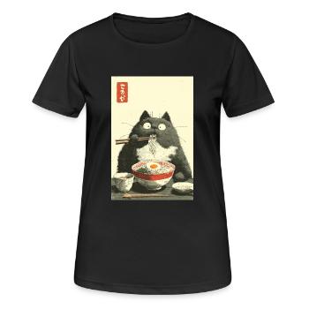 Chat aux yeux écarquillés sirotant des ramen - T-shirt respirant Femme - noir - Devant - AI Model Female 172 light (172cm)