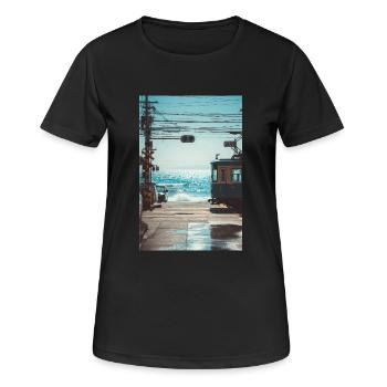 Japanische Zugüberfahrt am Meer - Frauen T-Shirt atmungsaktiv - Schwarz - Vorne - AI Model Female 172 light (172cm)
