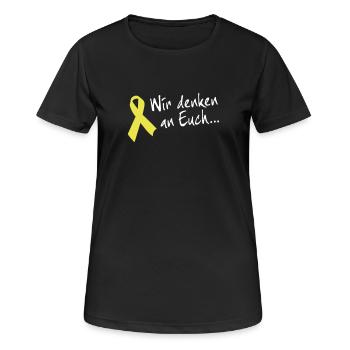 Gelbe Schleife Solidarität - Wir denken an Euch - Frauen T-Shirt atmungsaktiv - Schwarz - Vorne - AI Model Female 172 light (172cm)
