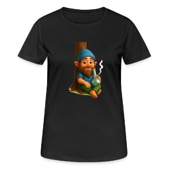 Kiffender Zwerg an Baum lehnend mit Bong Cannabis - Frauen T-Shirt atmungsaktiv - Schwarz - Vorne - AI Model Female 172 light (172cm)