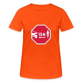 Stop Schild Look - Abstand für Radfahrer 1,5 m - Frauen T-Shirt atmungsaktiv - Neonorange - Vorne - AI Model Female 172 dark (172cm)