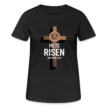 Christliche Botschaft Er Auferstanden - Frauen T-Shirt atmungsaktiv - Schwarz - Vorne - AI Model Female 172 light (172cm)