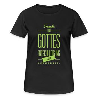 Spruch: Gottes Entschuldigung - Frauen T-Shirt atmungsaktiv - Schwarz - Vorne - AI Model Female 172 light (172cm)