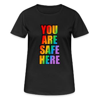 Sie sind hier sicher LGBT-Zeichen - Frauen T-Shirt atmungsaktiv - Schwarz - Vorne - AI Model Female 172 light (172cm)