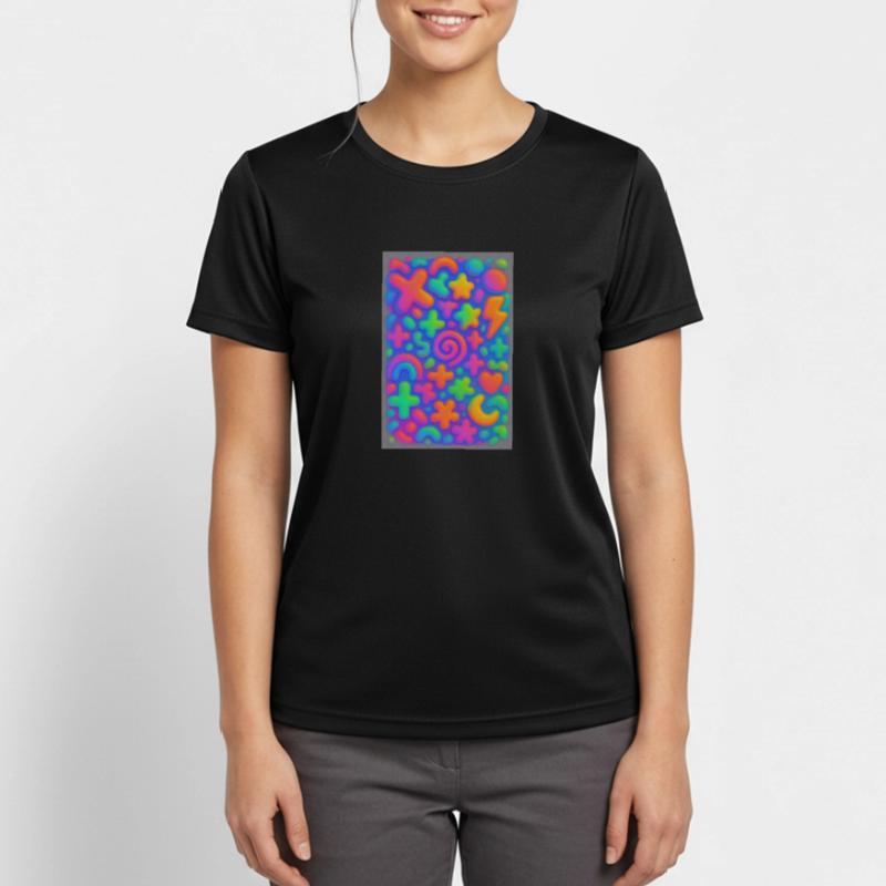 Neon Overload – Überlappende 3D Pop-Art Explosion Frauen T-Shirt atmungsaktiv