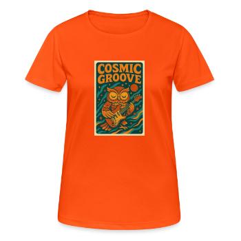 Psychedelisches Retro-Design mit Eule und Gitarre - Frauen T-Shirt atmungsaktiv - Neonorange - Vorne - AI Model Female 172 dark (172cm)