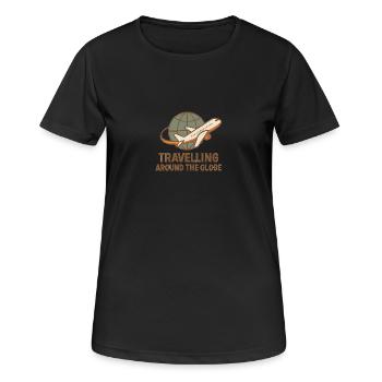 Travelling Around the Globe – Flugzeug & Globus - Frauen T-Shirt atmungsaktiv - Schwarz - Vorne - AI Model Female 172 light (172cm)