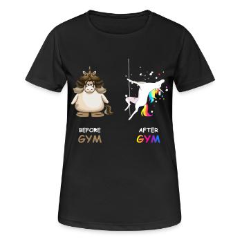 Einhorn vor dem Fitness-Studio und nach dem Fitnessstudio - Frauen T-Shirt atmungsaktiv - Schwarz - Vorne - AI Model Female 172 light (172cm)