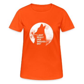 Wolf Saying - Love Wolves - Wolf Moon Heart Wolves - Women's Breathable T-Shirt - neon orange - Front - AI Model Female 172 dark (172cm)