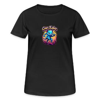 Ciao Kakao rennende Katze Matschlauf Laufshirt - Frauen T-Shirt atmungsaktiv - Schwarz - Vorne - AI Model Female 172 light (172cm)