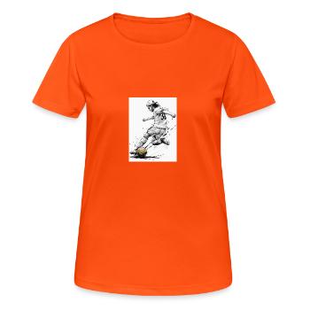Dynamic Black And White Soccer Player Fussballer - Frauen T-Shirt atmungsaktiv - Neonorange - Vorne - AI Model Female 172 dark (172cm)