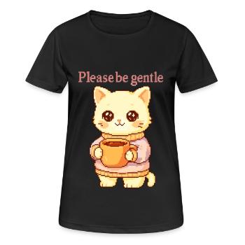 Bitte sei sanft – Pixel Katze mit Tee & Kuschelpul - Frauen T-Shirt atmungsaktiv - Schwarz - Vorne - AI Model Female 172 light (172cm)