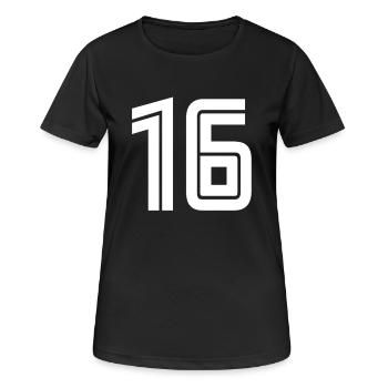 Trikotnummer 16 – Geschenk zum 16. Geburtstag - Frauen T-Shirt atmungsaktiv - Schwarz - Vorne - AI Model Female 172 light (172cm)