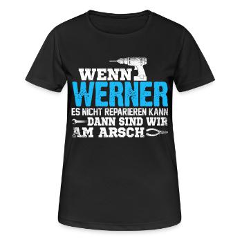 WERNER - kann es reparieren - Frauen T-Shirt atmungsaktiv - Schwarz - Vorne - AI Model Female 172 light (172cm)