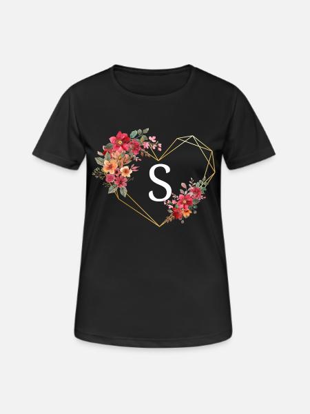 Buchstabe s florales goldenes Herz - Frauen T-Shirt atmungsaktiv - Schwarz