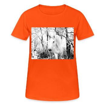 weißes Pferd im Winterwald - Frauen T-Shirt atmungsaktiv - Neonorange - Vorne - AI Model Female 172 dark (172cm)