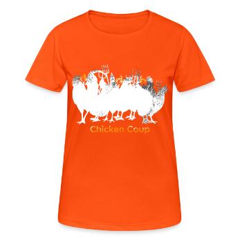 Chicken Coup - Weiße Hühner auf Grau - Frauen T-Shirt atmungsaktiv - Neonorange - Vorne - AI Model Female 172 dark (172cm)