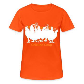 Chicken Coup - Weiße Hühner auf Schwarz - Frauen T-Shirt atmungsaktiv - Neonorange - Vorne - AI Model Female 172 dark (172cm)
