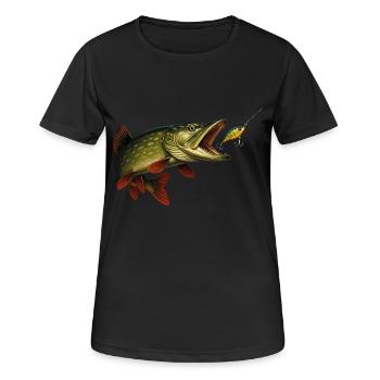 Hecht Biss Szene – Wobbler & Fangmoment - Frauen T-Shirt atmungsaktiv - Schwarz - Vorne - AI Model Female 172 light (172cm)