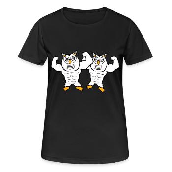 2 Eulen Bodybuilder Muskeln Bizeps Posen Gym Rat - Frauen T-Shirt atmungsaktiv - Schwarz - Vorne - AI Model Female 172 light (172cm)