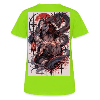 Oni-Frau im Drachenwirbel - Frauen T-Shirt atmungsaktiv - Neongrün - Hinten - AI Model Female 172 dark (172cm)