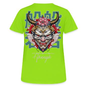 Japanese Hannya Mask: Lotus & Horns - Frauen T-Shirt atmungsaktiv - Neongrün - Hinten - AI Model Female 172 dark (172cm)