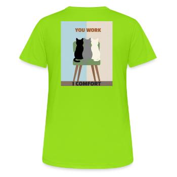 Katzen in Stühlen: Komfort statt Arbeit - Frauen T-Shirt atmungsaktiv - Neongrün - Hinten - AI Model Female 172 dark (172cm)