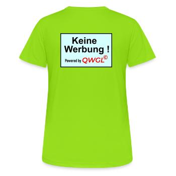 Keine Werbung powered by - Frauen T-Shirt atmungsaktiv - Neongrün - Hinten - AI Model Female 172 dark (172cm)