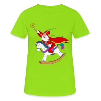 Sinterklaas auf Schaukelpferd - Frauen T-Shirt atmungsaktiv - Neongrün - Vorne - AI Model Female 172 dark (172cm)