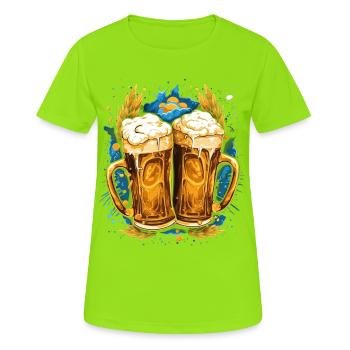Bier, Bierkrug mit Schaumkrone, Goldene Bierkrüge - Frauen T-Shirt atmungsaktiv - Neongrün - Vorne - AI Model Female 172 dark (172cm)