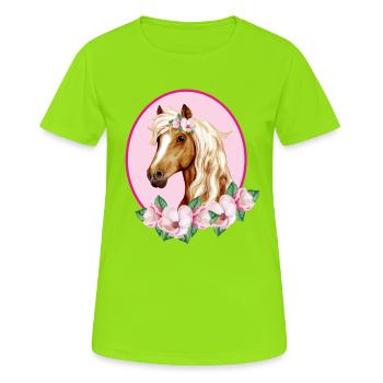 Cheval brun romantique - Fleurs roses - T-shirt respirant Femme - vert néon - Devant - AI Model Female 172 dark (172cm)