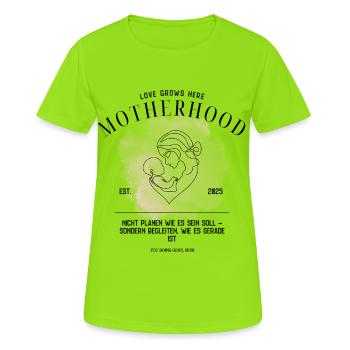 Motherhood EST 2025 – Design de la parentalité douce - T-shirt respirant Femme - vert néon - Devant - AI Model Female 172 dark (172cm)