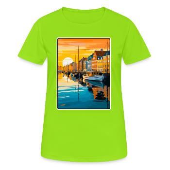 Copenhagen Denmark Sunset Harbour Illustration - Women's Breathable T-Shirt - neon green - Front - AI Model Female 172 dark (172cm)