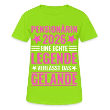 Pensionärin 2026 Eine Legende verlässt das Gelände - Frauen T-Shirt atmungsaktiv - Neongrün - Vorne - AI Model Female 172 dark (172cm)