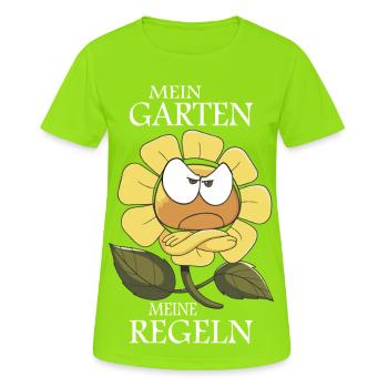 Blumen-Gartencharakter Mein Garten meine Regeln - Frauen T-Shirt atmungsaktiv - Neongrün - Vorne - AI Model Female 172 dark (172cm)
