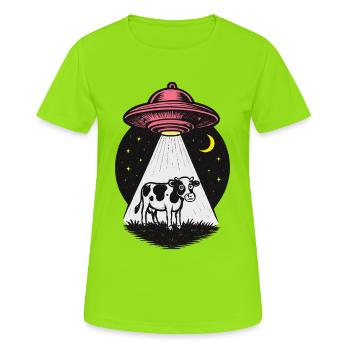 UFO Lichtstrahl auf Kuh - Frauen T-Shirt atmungsaktiv - Neongrün - Vorne - AI Model Female 172 dark (172cm)