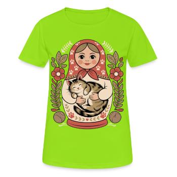 Matroschka Katze Kuschelherz - Frauen T-Shirt atmungsaktiv - Neongrün - Vorne - AI Model Female 172 dark (172cm)