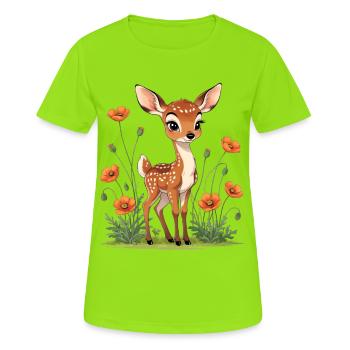 Hirschenfohlen im Mohnfeld - Frauen T-Shirt atmungsaktiv - Neongrün - Vorne - AI Model Female 172 dark (172cm)