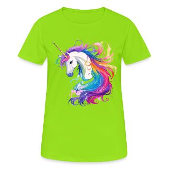 Regenbogen-Einhorn Kopf Portrait - Frauen T-Shirt atmungsaktiv - Neongrün - Vorne - AI Model Female 172 dark (172cm)