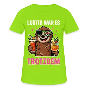 lustig war es shirt, kater faultier Party Shirt - Frauen T-Shirt atmungsaktiv - Neongrün - Vorne - AI Model Female 172 dark (172cm)