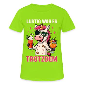 einhorn kater shirt, lustig war es - Frauen T-Shirt atmungsaktiv - Neongrün - Vorne - AI Model Female 172 dark (172cm)