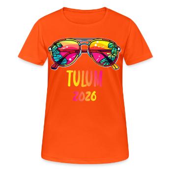 Tulum 2026 Sonnenbrillen Tropen - Frauen T-Shirt atmungsaktiv - Neonorange - Vorne - AI Model Female 172 dark (172cm)