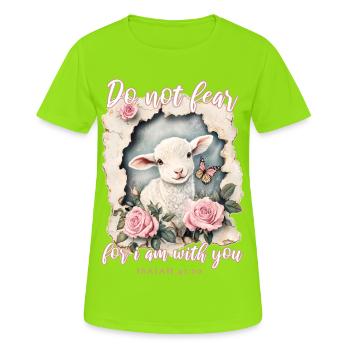 Lamm mit Bibelvers - Frauen T-Shirt atmungsaktiv - Neongrün - Vorne - AI Model Female 172 dark (172cm)