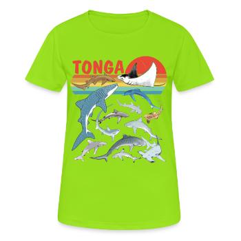 Tonga Haiarten Tigerhai Bullenhai Mantarochen - Frauen T-Shirt atmungsaktiv - Neongrün - Vorne - AI Model Female 172 dark (172cm)