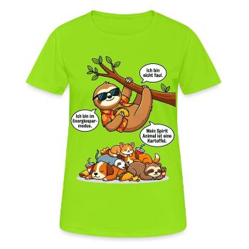 Energiespar-Faultier und Tierchen - Frauen T-Shirt atmungsaktiv - Neongrün - Vorne - AI Model Female 172 dark (172cm)