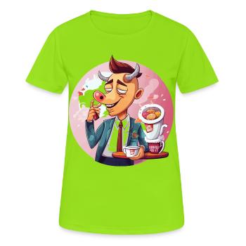 Büro-Bulle mit Kaffee und Kuchen - Frauen T-Shirt atmungsaktiv - Neongrün - Vorne - AI Model Female 172 dark (172cm)