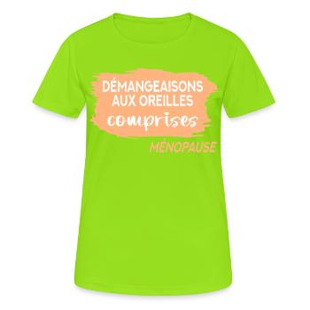 Démangeaisons Auriculaires Ménopause - T-shirt respirant Femme - vert néon - Devant - AI Model Female 172 dark (172cm)
