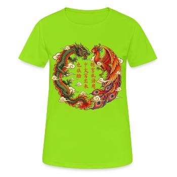 Drachenphönix Yin Yang Kreis - Frauen T-Shirt atmungsaktiv - Neongrün - Vorne - AI Model Female 172 dark (172cm)
