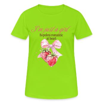 Hopeless Romantic Erdbeere Schleife - Frauen T-Shirt atmungsaktiv - Neongrün - Vorne - AI Model Female 172 dark (172cm)